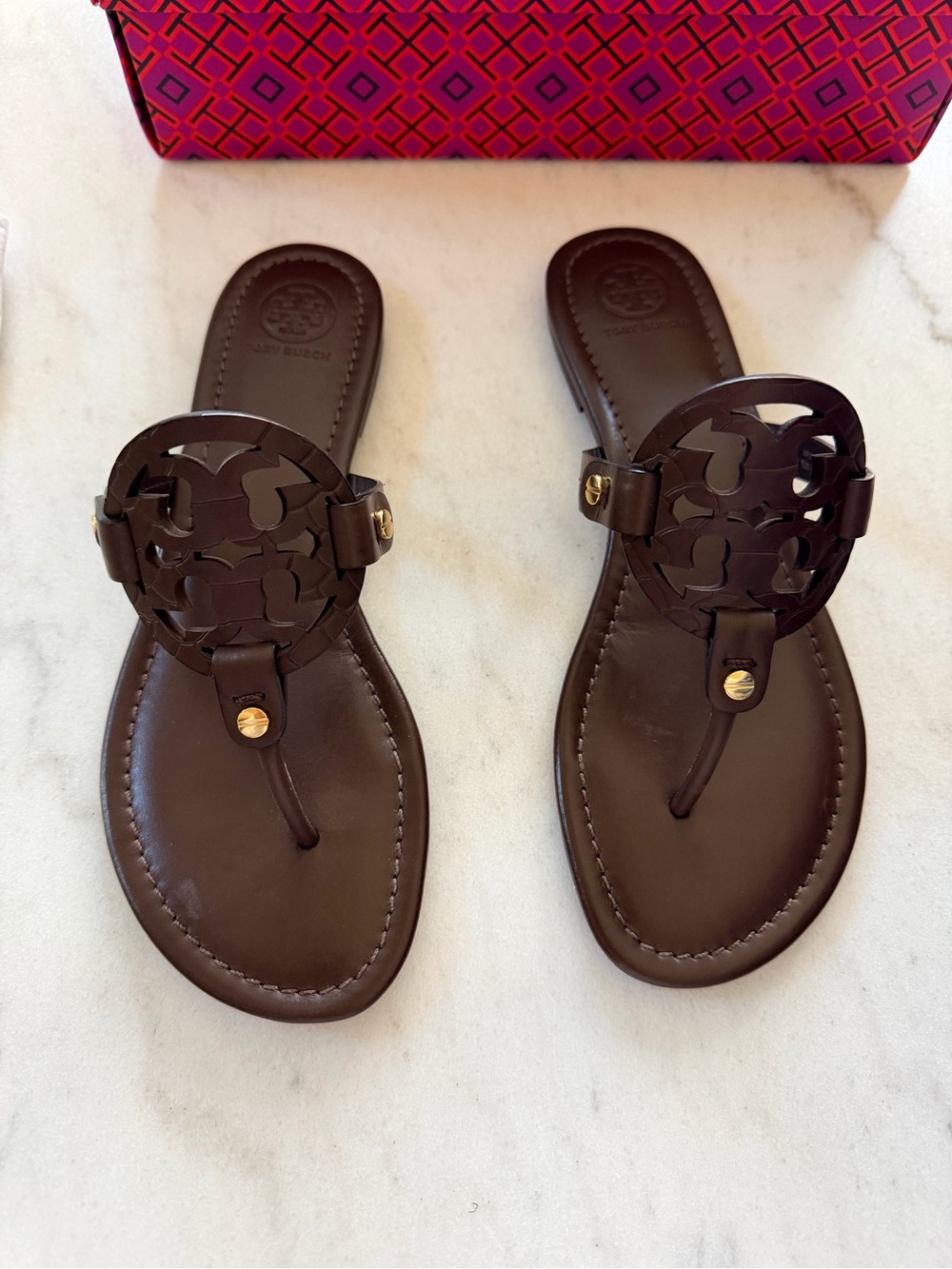 Tory Burch Dark Brown Miller Logo Leather Thong Sandals